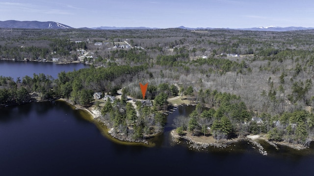 bird's eye view featuring a water and mountain view and a wooded view