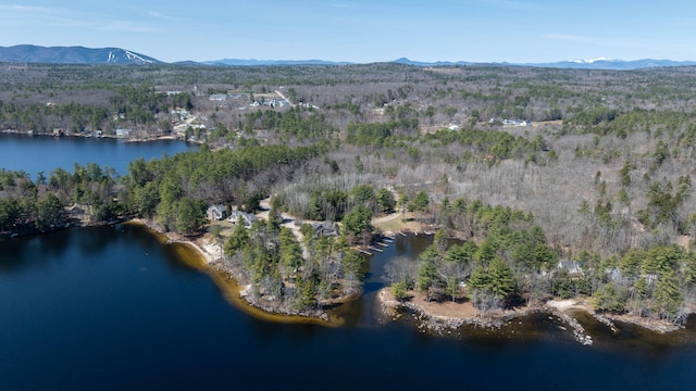 bird's eye view with a water and mountain view and a forest view