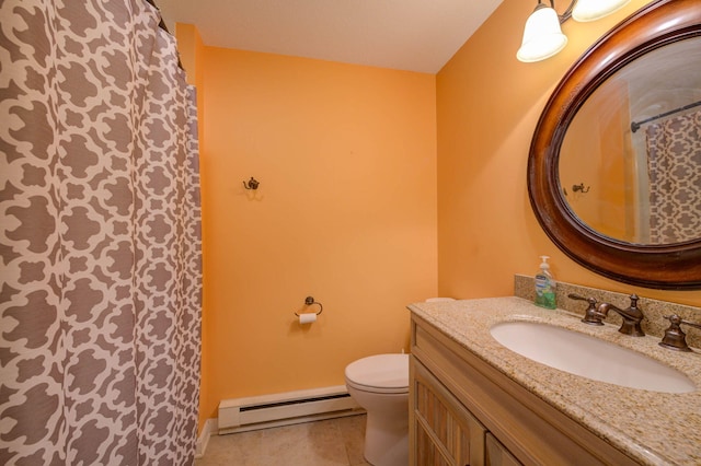 bathroom featuring a baseboard radiator, tile patterned floors, a shower with shower curtain, toilet, and vanity