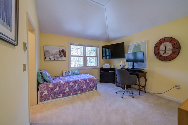 carpeted bedroom featuring baseboard heating, vaulted ceiling, and baseboards