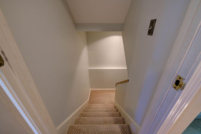 stairs with carpet floors and baseboards