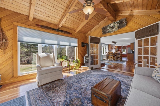 374 Youngs Ridge Rd, Acton, ME 04001 - living room with hardwood / wood-style floors, wood walls, ceiling fan, and wood ceiling