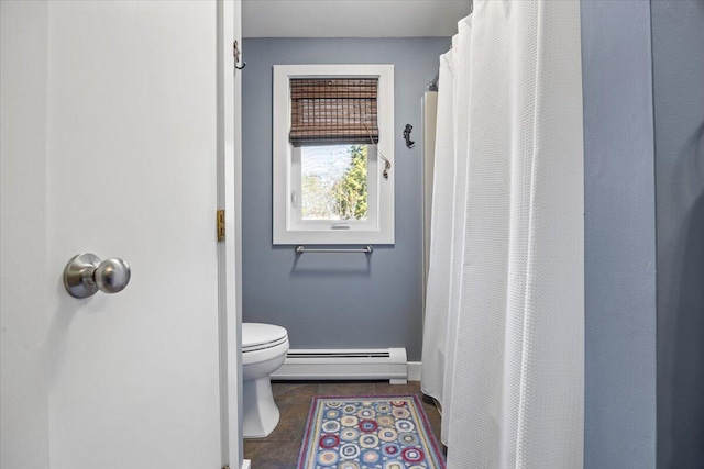 374 Youngs Ridge Rd, Acton, ME 04001 - bathroom featuring a baseboard heating unit, toilet, and a shower with curtain