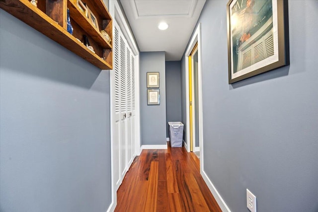 374 Youngs Ridge Rd, Acton, ME 04001 - hall with wood finished floors, baseboards, attic access, and recessed lighting