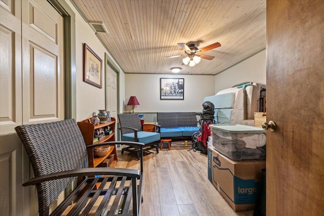 374 Youngs Ridge Rd, Acton, ME 04001 - sitting room with wood finished floors, a ceiling fan, and wooden ceiling