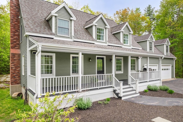 72 Natures Way, Wells, ME 04090 - cape cod-style house featuring a porch, driveway, a shingled roof, and an attached garage