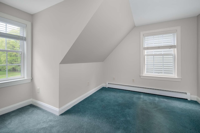 72 Natures Way, Wells, ME 04090 - additional living space with carpet flooring, a baseboard radiator, lofted ceiling, and baseboards