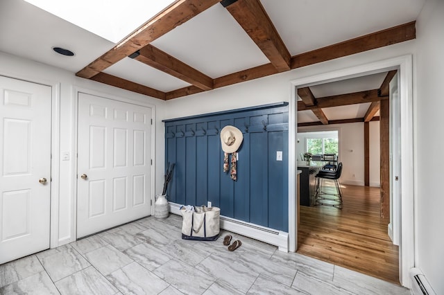 29 Penny Ln, Blue Hill, ME 04614 - foyer featuring beam ceiling, marble finish floor, coffered ceiling, and baseboard heating