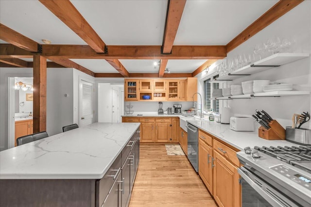 29 Penny Ln, Blue Hill, ME 04614 - kitchen featuring open shelves, stainless steel appliances, a kitchen island, beamed ceiling, and light wood finished floors