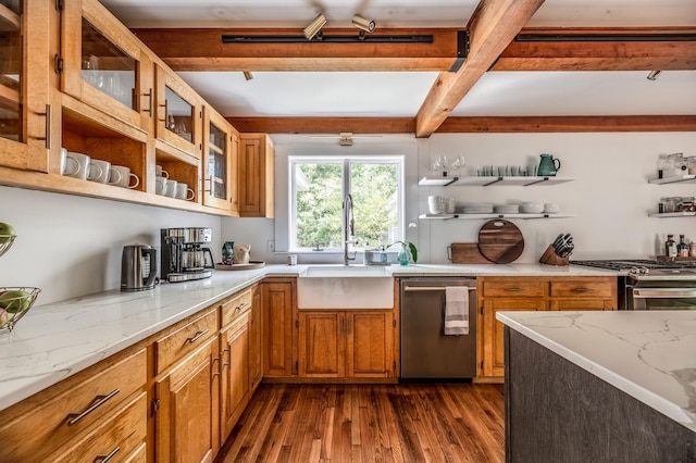 29 Penny Ln, Blue Hill, ME 04614 - kitchen featuring open shelves, beam ceiling, a sink, and stainless steel appliances