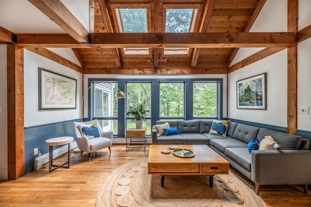 29 Penny Ln, Blue Hill, ME 04614 - living area featuring wooden ceiling, lofted ceiling with beams, a wainscoted wall, light wood-style floors, and a baseboard radiator