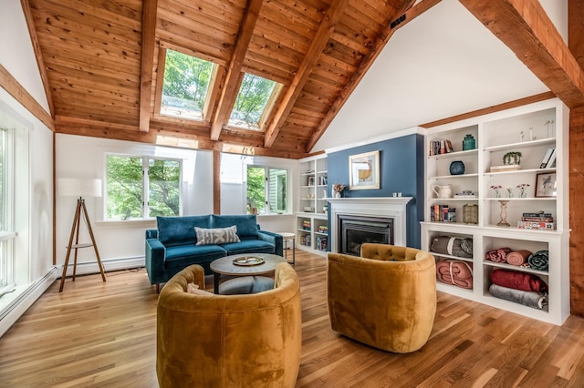 29 Penny Ln, Blue Hill, ME 04614 - living room with wood ceiling, a skylight, beamed ceiling, light wood finished floors, and a glass covered fireplace