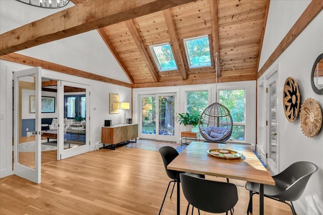 29 Penny Ln, Blue Hill, ME 04614 - dining room featuring a skylight, beamed ceiling, light wood-type flooring, french doors, and wooden ceiling