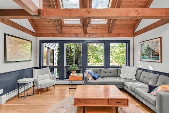 29 Penny Ln, Blue Hill, ME 04614 - living room featuring vaulted ceiling with beams, light wood-type flooring, and a baseboard radiator