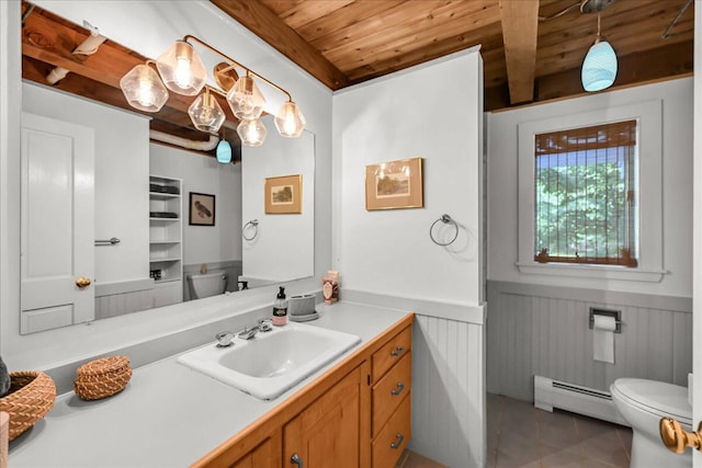 29 Penny Ln, Blue Hill, ME 04614 - bathroom featuring a wainscoted wall, toilet, a baseboard heating unit, and wooden ceiling