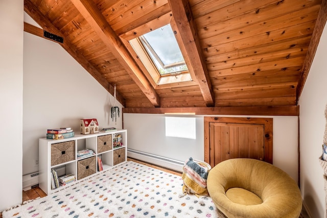29 Penny Ln, Blue Hill, ME 04614 - interior space with baseboard heating, wood finished floors, wooden ceiling, and lofted ceiling with skylight