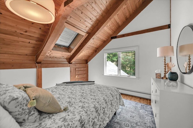 29 Penny Ln, Blue Hill, ME 04614 - bedroom featuring wooden ceiling, wood finished floors, lofted ceiling with skylight, and baseboard heating