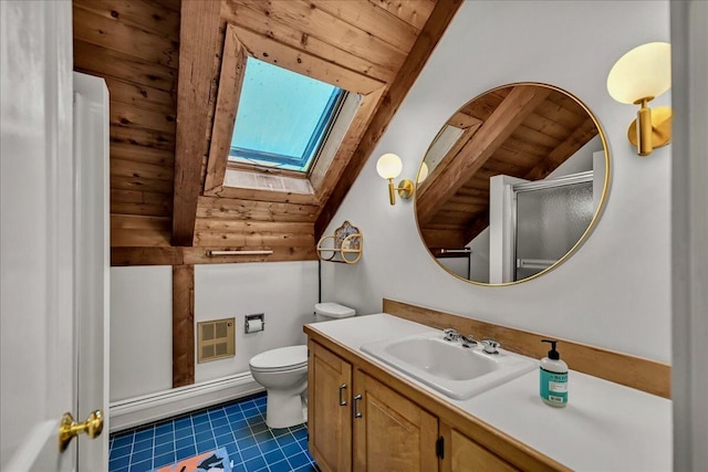 29 Penny Ln, Blue Hill, ME 04614 - bathroom featuring a shower stall, toilet, vanity, lofted ceiling with skylight, and wood ceiling