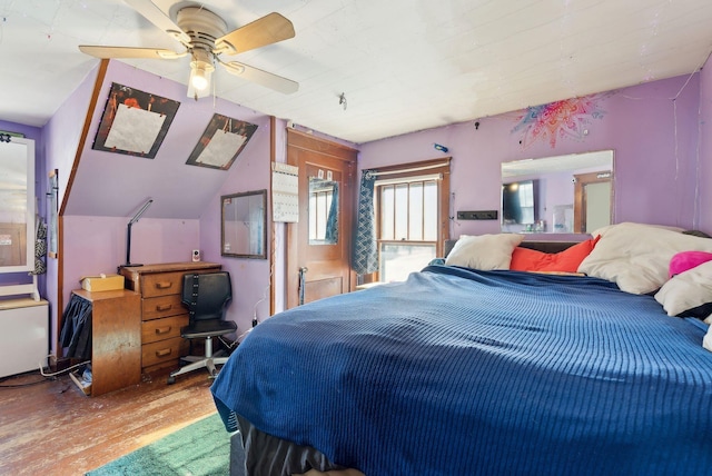107 Portland St, Fryeburg, ME 04037 - bedroom with lofted ceiling, wood finished floors, and ceiling fan