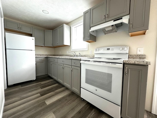 160 Washington Ave, Portland, ME 04101 - kitchen featuring white appliances, under cabinet range hood, gray cabinetry, a sink, and a textured ceiling