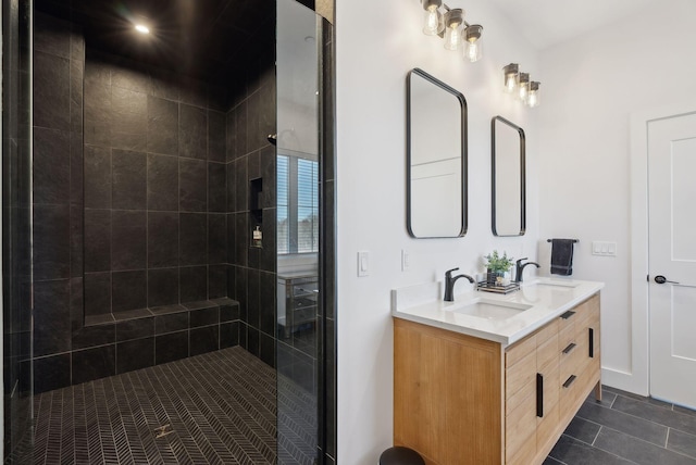 68 Green Acres Dr, Buxton, ME 04093 - bathroom with tile patterned floors, tiled shower, double vanity, and a sink