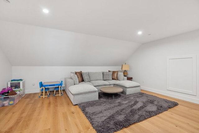 68 Green Acres Dr, Buxton, ME 04093 - living room featuring baseboards, recessed lighting, vaulted ceiling, and wood finished floors