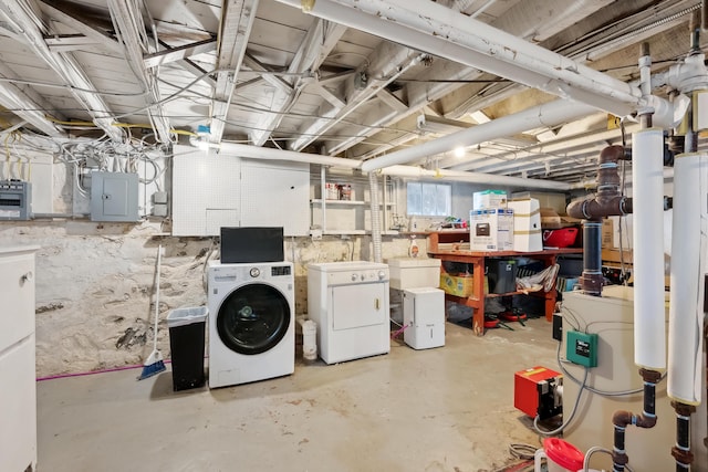 218 Bradley St, Portland, ME 04103 - basement featuring washer and clothes dryer, electric panel, fridge, and a heating unit