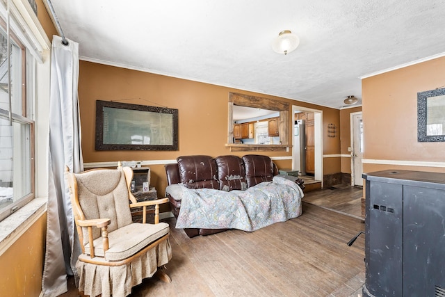 living area featuring wood finished floors, ornamental molding, and a textured ceiling