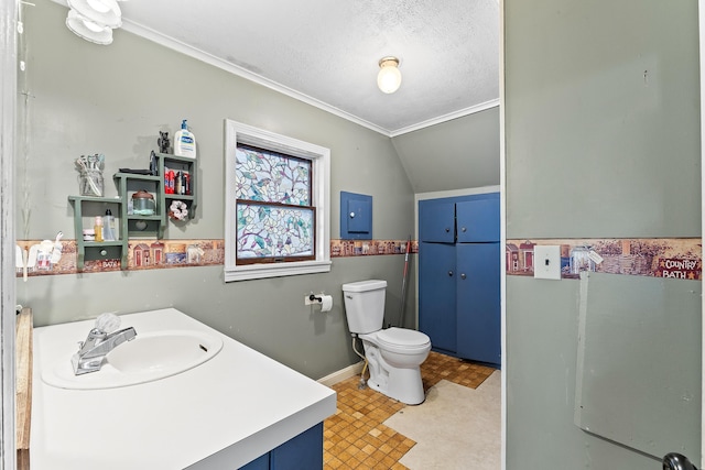 bathroom featuring vanity, vaulted ceiling, toilet, baseboards, and a textured ceiling