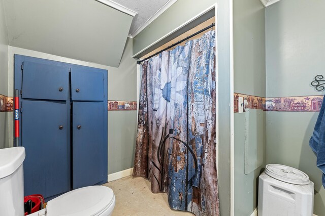bathroom featuring toilet, concrete flooring, and a shower with shower curtain