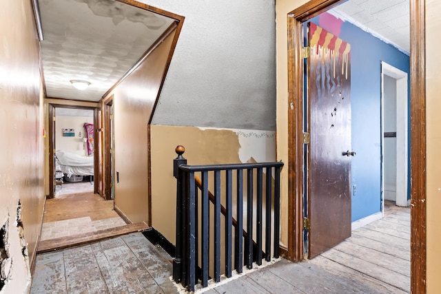 hall with lofted ceiling and hardwood / wood-style floors
