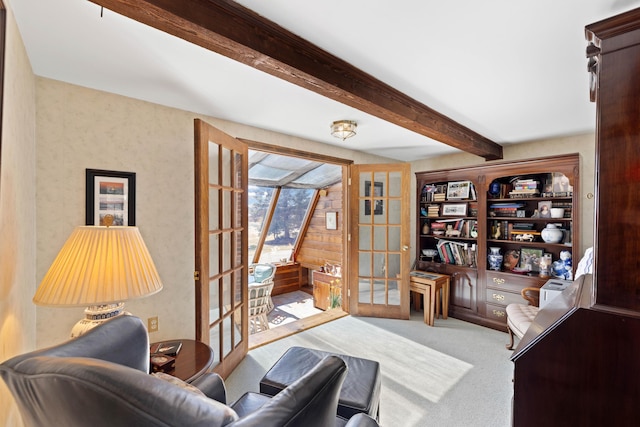 227 Greely Rd, Cumberland, ME 04021 - sitting room featuring french doors, beam ceiling, and carpet