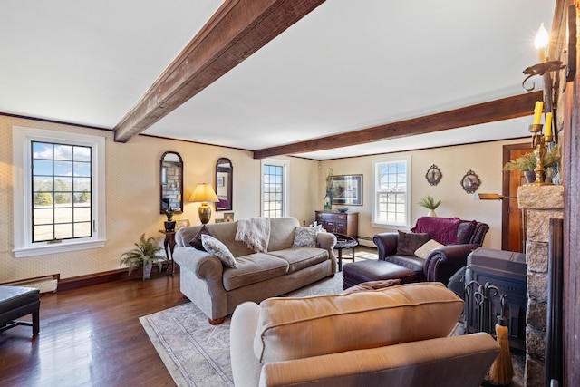 227 Greely Rd, Cumberland, ME 04021 - living room featuring a fireplace, wallpapered walls, beamed ceiling, and dark wood finished floors