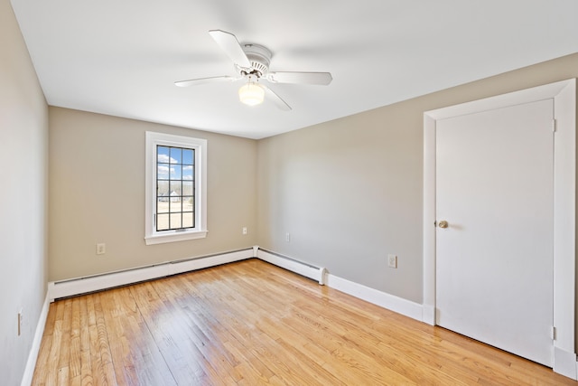 227 Greely Rd, Cumberland, ME 04021 - spare room featuring baseboards, a baseboard radiator, light wood-style floors, and ceiling fan