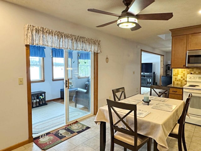 1873 Sly Brook Rd, Eagle Lake, ME 04739 - dining room featuring a ceiling fan, light tile patterned floors, and baseboards