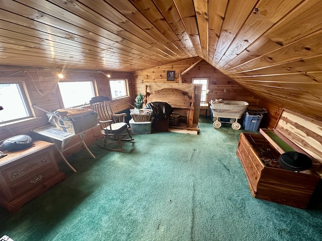 230 Center St, Brewer, ME 04412 - interior space featuring wood walls, carpet, wooden ceiling, and lofted ceiling