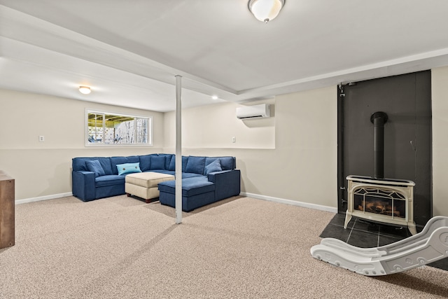 living area with baseboards, a wall mounted air conditioner, carpet, and a wood stove