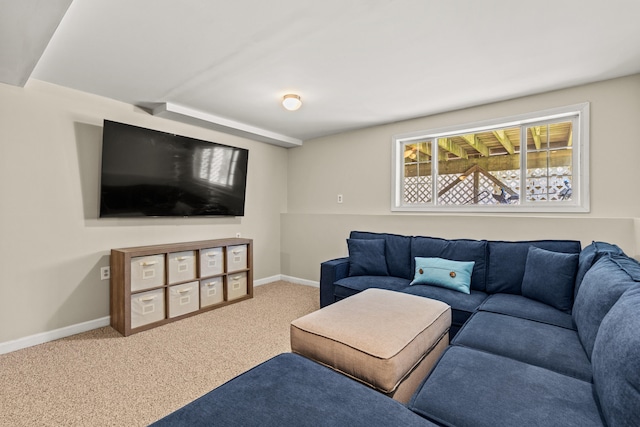 living area featuring baseboards and carpet