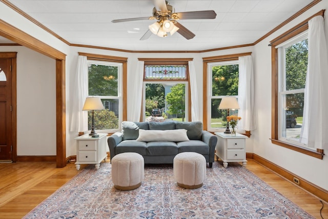 23-25 Deerfield Rd, Portland, ME 04101 - living area featuring light wood finished floors, crown molding, a ceiling fan, and baseboards