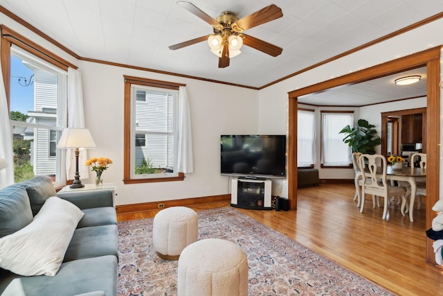 23-25 Deerfield Rd, Portland, ME 04101 - living room featuring radiator heating unit, crown molding, wood finished floors, a ceiling fan, and baseboards