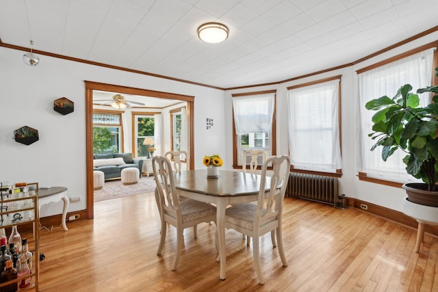 23-25 Deerfield Rd, Portland, ME 04101 - dining area with radiator heating unit, ornamental molding, light wood-style floors, baseboards, and ceiling fan