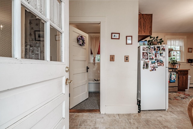 hall with wallpapered walls