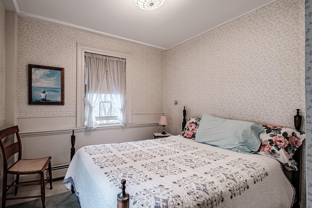 carpeted bedroom featuring a wainscoted wall, wallpapered walls, and ornamental molding