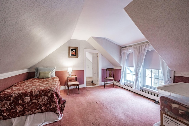 carpeted bedroom with baseboards, lofted ceiling, a baseboard heating unit, and a textured ceiling
