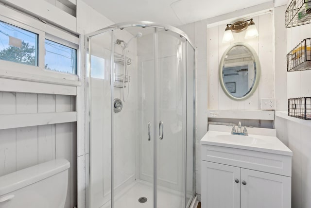 bathroom featuring toilet, a shower stall, and vanity