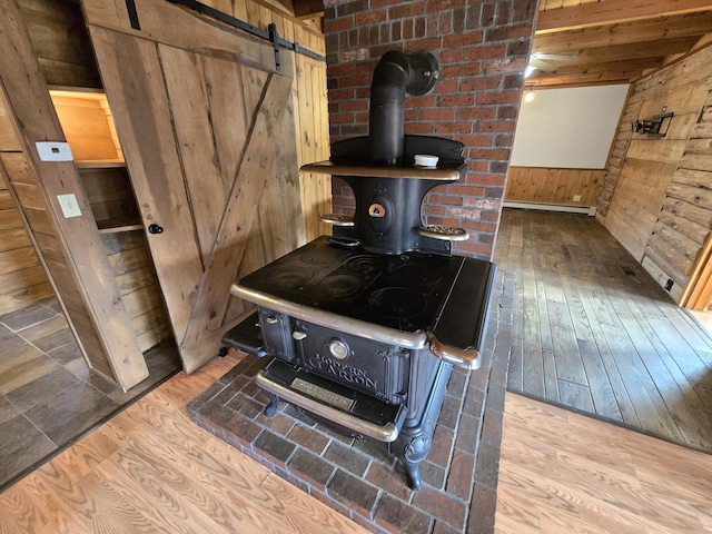 369 Hawes Bridge Rd, Prospect, ME 04981 - detailed view of a wood stove, wood finished floors, and wooden walls