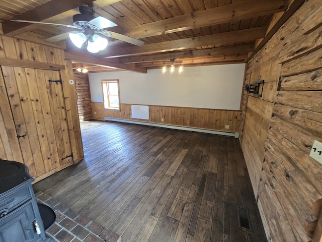 369 Hawes Bridge Rd, Prospect, ME 04981 - spare room featuring dark wood-style flooring, a ceiling fan, wooden walls, wainscoting, and a wood stove