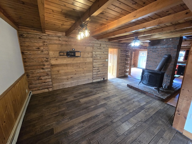 369 Hawes Bridge Rd, Prospect, ME 04981 - unfurnished living room featuring a wood stove, dark wood-style floors, a ceiling fan, baseboard heating, and a wainscoted wall