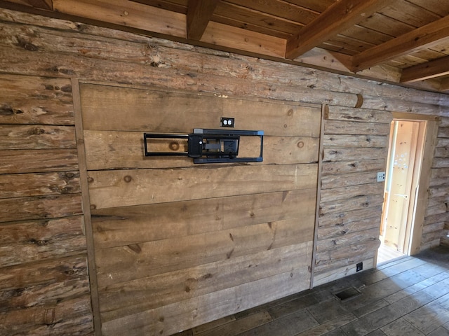 369 Hawes Bridge Rd, Prospect, ME 04981 - detailed view of wood ceiling with exposed beams and wooden walls