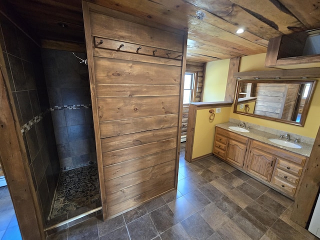369 Hawes Bridge Rd, Prospect, ME 04981 - full bath featuring double vanity, a tile shower, and wooden ceiling